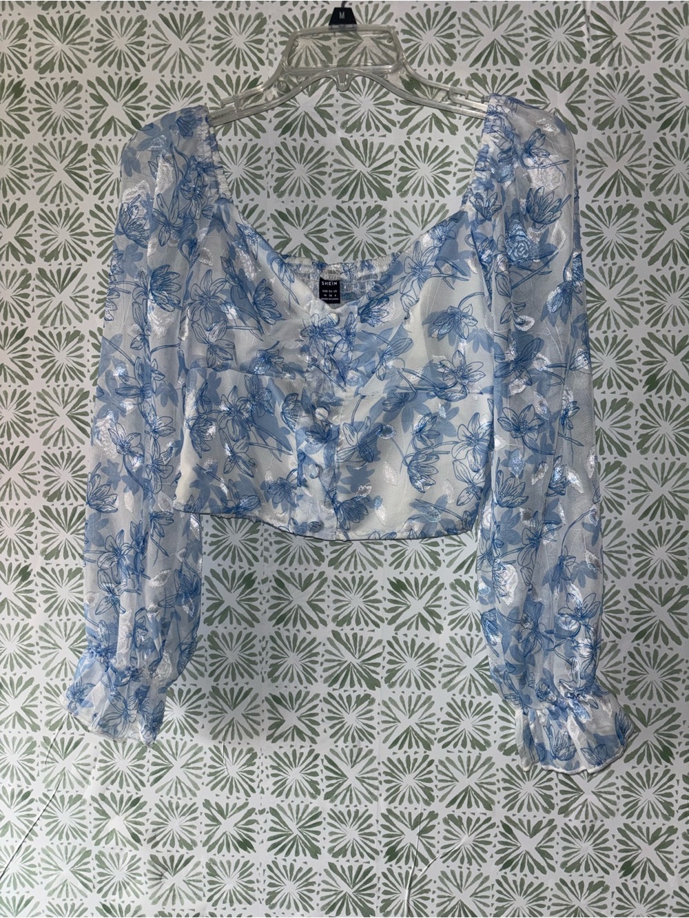 White Sheer Crop Blouse with Blue Floral Print